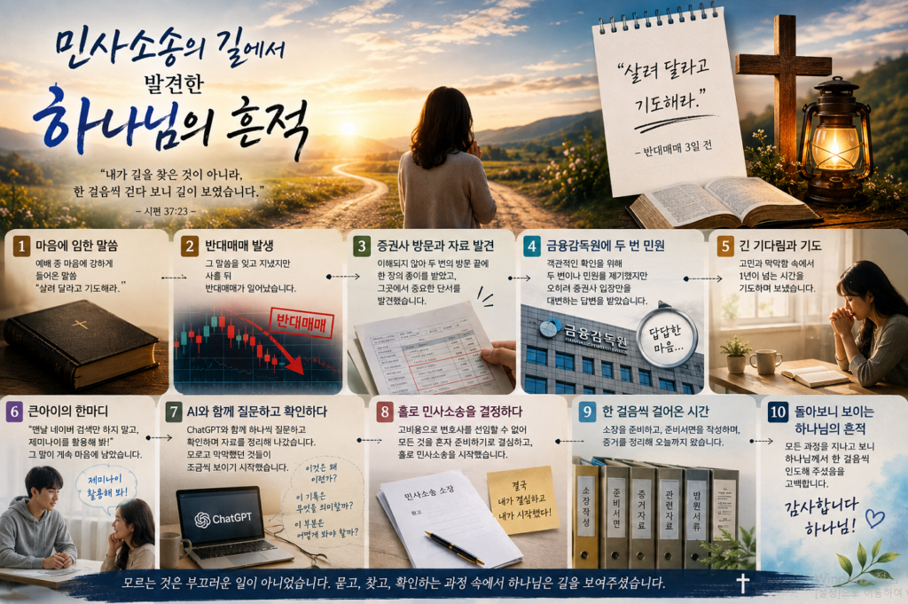 민사소송의 과정에서 기도와 자료 발견, 금융감독원 민원, AI를 통한 질문과 소송 결정까지 한 걸음씩 인도하신 하나님의 흔적을 표현한 이미지
