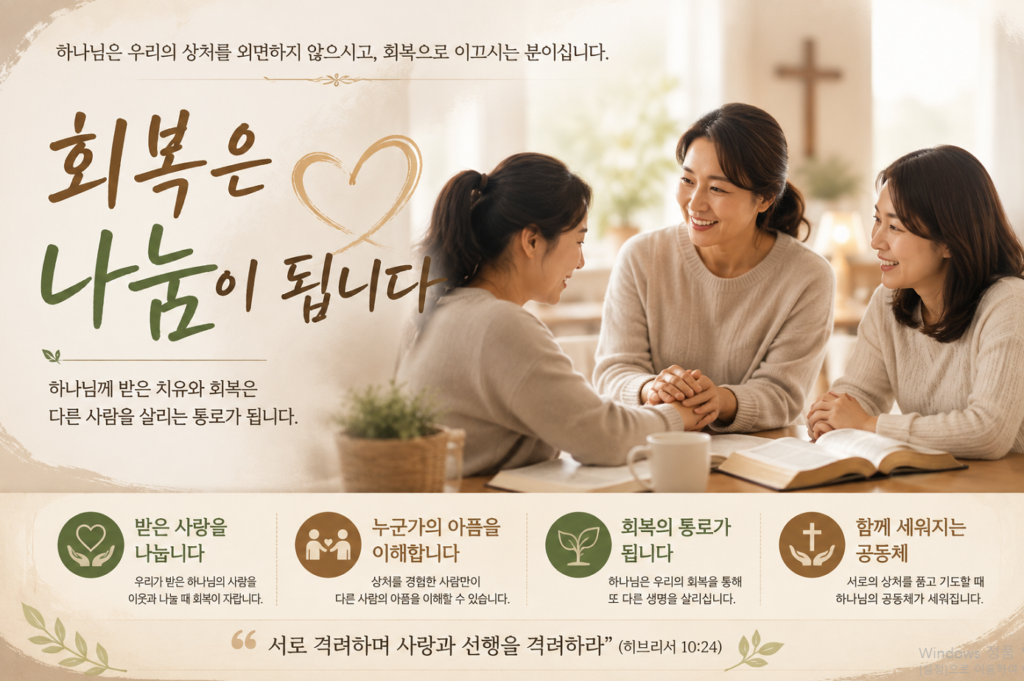 하나님께 받은 치유와 회복을 다른 사람과 나누며 함께 말씀을 묵상하고 서로를 위로하는 공동체를 표현한 이미지