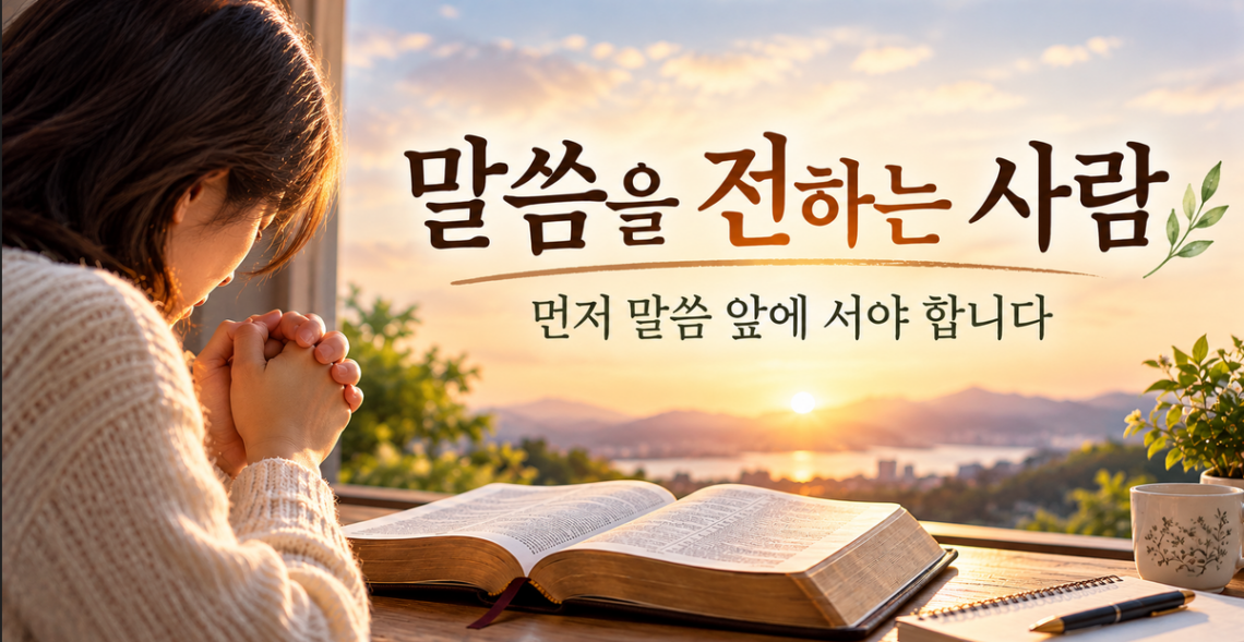 말씀을 전하는 사람이 펼쳐진 성경 앞에서 자신의 마음을 돌아보며 기도하는 모습