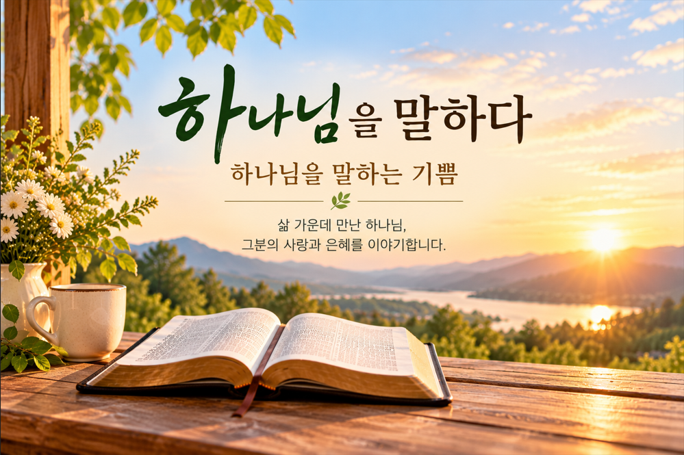 따뜻한 햇살이 비치는 풍경 앞에 펼쳐진 성경책과 꽃, 찻잔이 놓여 있고, 하나님을 말하다와 하나님을 말하는 기쁨이라는 문구가 담긴 블로그 소개 이미지